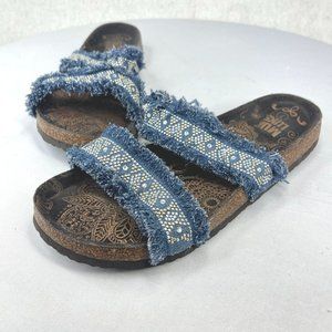 MUK LUKS Womens 7 Denim Sandals Eloise Embellished Frayed Comfort Cork Slides